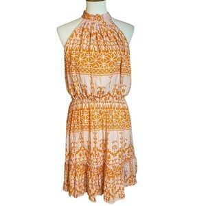 BTFBM Orange and Peach Patterned High Neck Lined Sleeveless Dress - Size Medium